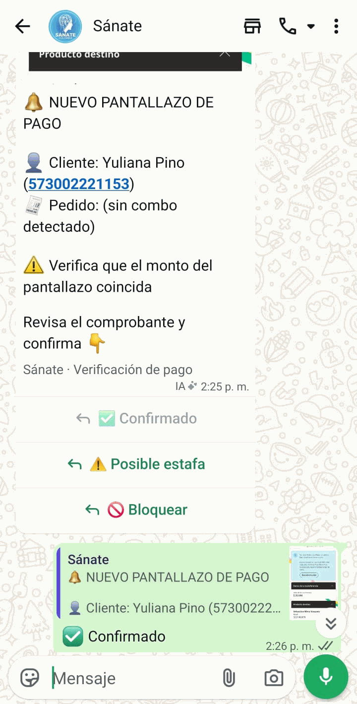 Verificación de pantallazo de pago en WhatsApp